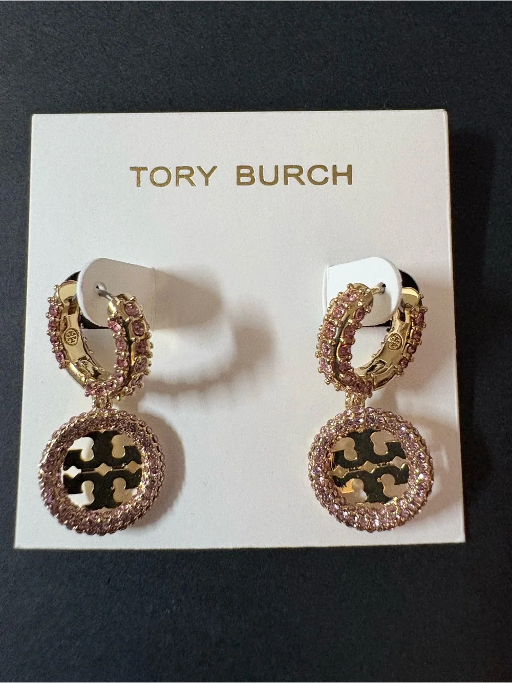 Tory Burch Gold Medallion Drop Earrings with Pink Crystals